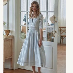 NWT Simple Retro Fiona 100% Cotton Farmhouse Pale Blue Midi Cottagecore Dress XS